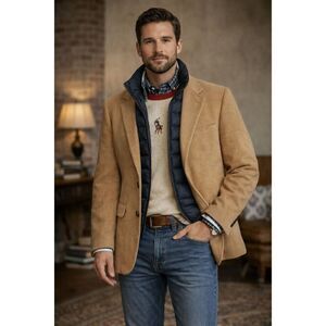 Jos A Bank Mens Beige Tan Camel Hair Three-Button Blazer Sport Coat Size 42L